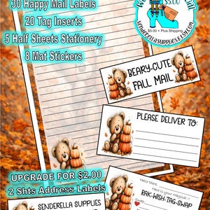 May include: A stationery set featuring lined paper, address labels, and tag inserts with teddy bear and pumpkin illustrations. Text includes 10 PDTs, 30 Happy Mail Labels, 20 Tag Inserts, 5 Half Sheets Stationery, 8 Mat Stickers, and Beary-Cute Fall Mail.