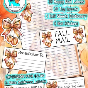 May include: A stationery set with a fall theme, featuring pumpkin and bow illustrations. Includes labels, inserts, and stationery sheets. The text reads "Fall Mail" and "Please Deliver To:" with the shop's name and address.