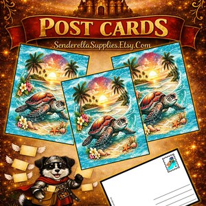 May include: A collection of postcards featuring a tropical beach scene with a sea turtle, palm trees, and a sunset. The design includes a cartoon dog in armor and a blank postcard back with a stamp. Text reads POST CARDS and SenderellaSupplies.Etsy.Com.