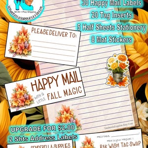 May include: A collection of stationery items with a fall theme. Includes labels, inserts, and stickers with autumn leaf and floral designs. The text includes "Happy Mail" and "Please Deliver To:" on the labels. The background features sunflowers.
