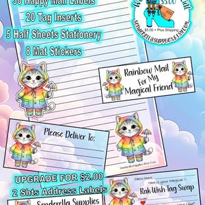 May include: A stationery set with a whimsical theme. The image features various stationery items, including labels, inserts, and stickers, adorned with a cartoon cat in a rainbow raincoat. Text includes "Rainbow Mail" and "Wednesday Special".