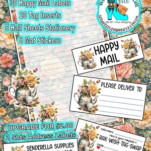 Pode incluir: Um conjunto de artigos de papelaria com etiquetas, inserções e adesivos, adornado com um motivo floral de bule. O conjunto inclui 10 PDTs, 30 etiquetas Happy Mail, 20 inserções de etiquetas, 5 folhas de papelaria e 8 adesivos. O texto "Happy Mail" é visível.