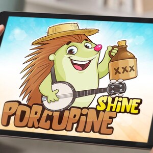 Funny cartoon porcupine mascot holding a moonshine jug and playing a banjo, with the text "Porcupine Shine" on a bright background. this animal logo perfect for branding, music-themed businesses, or humorous custom cartoon logo design by Beehaya Studio.
