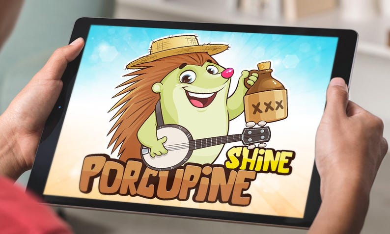Funny cartoon porcupine mascot holding a moonshine jug and playing a banjo, with the text "Porcupine Shine" on a bright background. this animal logo perfect for branding, music-themed businesses, or humorous custom cartoon logo design by Beehaya Studio.