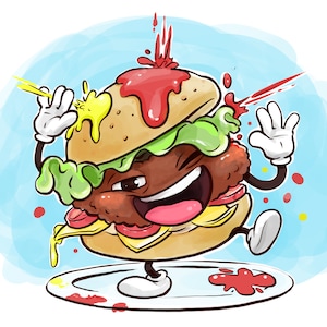 Pu&ograve; includere: Illustrazione di un cartone animato di un hamburger sorridente con braccia, gambe e guanti bianchi. L'hamburger ha un panino al sesamo, lattuga, pomodoro, formaggio e un patty. Ketchup e senape sono schizzati intorno all'hamburger su un piatto.