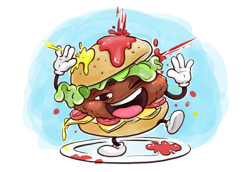 Pu&ograve; includere: Illustrazione di un cartone animato di un hamburger sorridente con braccia, gambe e guanti bianchi. L'hamburger ha un panino al sesamo, lattuga, pomodoro, formaggio e un patty. Ketchup e senape sono schizzati intorno all'hamburger su un piatto.