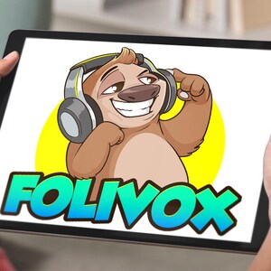 Confident cartoon sloth mascot with headphones and bold “FOLIVOX” text, custom logo design by Beehaya Studio.