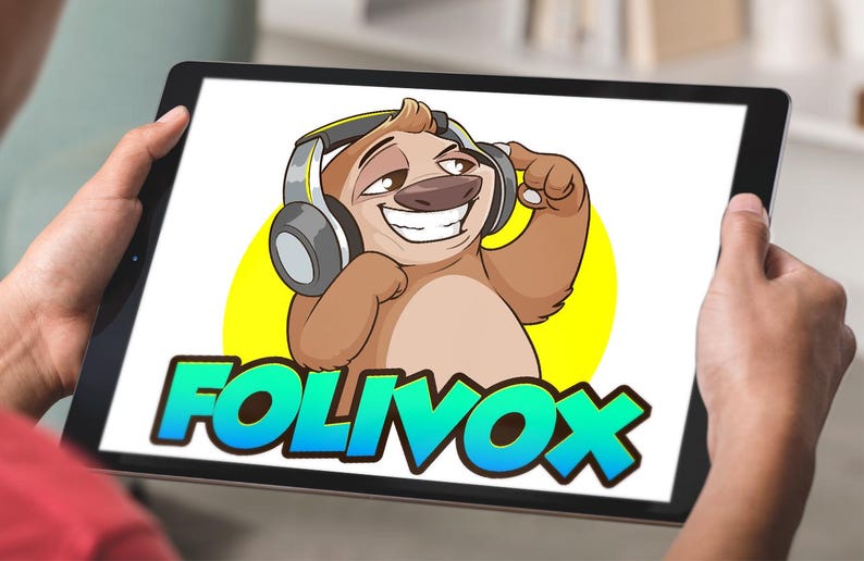 Confident cartoon sloth mascot with headphones and bold “FOLIVOX” text, custom logo design by Beehaya Studio.