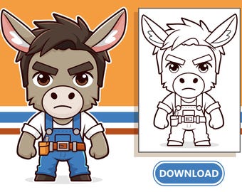 Kid Coloring Page of Cartoon Donkey Animal Worker Vector