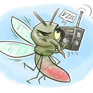 Pu&ograve; includere: Illustrazione di un cartone animato di una zanzara con una radio. La zanzara verde ha un addome rosso e un'espressione arrabbiata. Una nuvoletta dice "VZZZ". La radio grigia ha una lunga antenna.