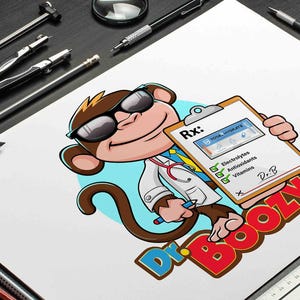 cartoon monkey logo dressed as a doctor, holding a clipboard prescription with “Dr. Boozy” text, custom logo design by Beehaya Studio.