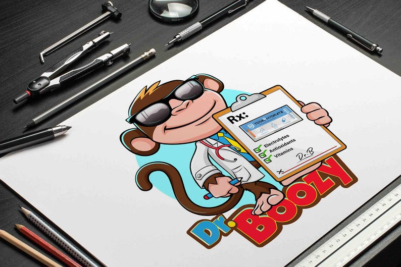 cartoon monkey logo dressed as a doctor, holding a clipboard prescription with “Dr. Boozy” text, custom logo design by Beehaya Studio.