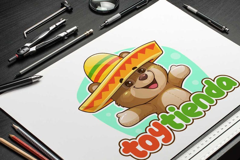 Cute cartoon bear logo wearing a colorful Mexican sombrero, with the text “Toy Tienda”, custom logo design by Beehaya Studio.