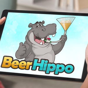 Funny cartoon hippo mascot with beer funnel and "Beer Hippo" text, custom animal logo design, ideal for fun branding or brewery businesses by Beehaya Studio.