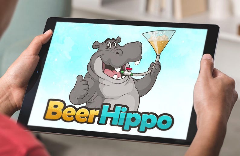 Funny cartoon hippo mascot with beer funnel and "Beer Hippo" text, custom animal logo design, ideal for fun branding or brewery businesses by Beehaya Studio.