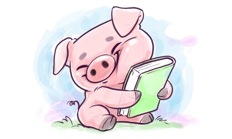 Pu&ograve; includere: Illustrazione di un cartone animato di un maiale rosa sorridente che legge un libro verde. Il maiale &egrave; seduto sull'erba verde con uno sfondo acquerello blu e viola. Il maiale ha un'espressione felice.