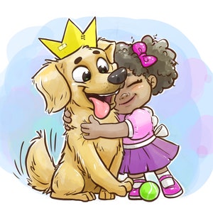 Pu&ograve; includere: Illustrazione di un cartone animato di un golden retriever con una corona gialla abbracciato da una bambina. La bambina indossa un top rosa, una gonna viola e un fiocco rosa. Una pallina da tennis verde &egrave; a terra.