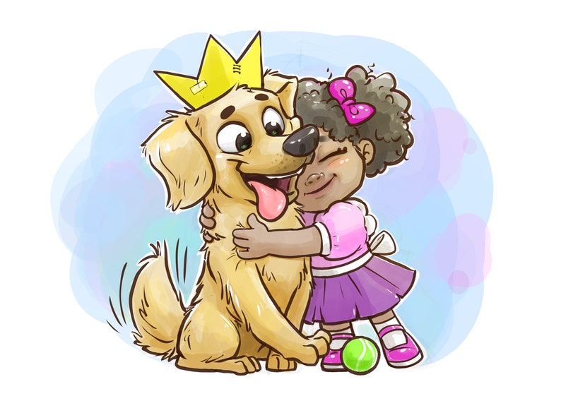 Pu&ograve; includere: Illustrazione di un cartone animato di un golden retriever con una corona gialla abbracciato da una bambina. La bambina indossa un top rosa, una gonna viola e un fiocco rosa. Una pallina da tennis verde &egrave; a terra.