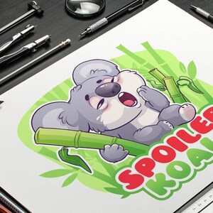 cartoon koala logo yawning among bamboo stalks with the text “Spoiler Koala”,custom logo design by Beehaya Studio.