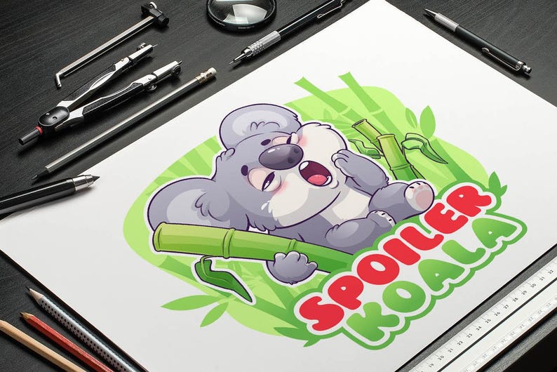 cartoon koala logo yawning among bamboo stalks with the text “Spoiler Koala”,custom logo design by Beehaya Studio.