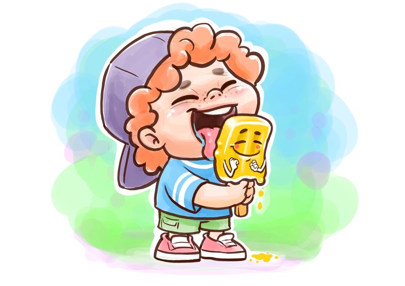 Pu&ograve; includere: Illustrazione di un cartone animato di un bambino che si gode un ghiacciolo giallo. Il bambino, con i capelli rossi ricci e un berretto viola, ride con la lingua di fuori. Il ghiacciolo ha una faccia sorridente. Lo sfondo &egrave; un acquerello blu e verde.