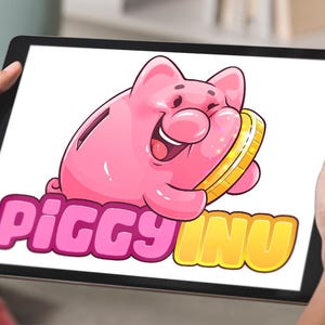 Cute cartoon piggy bank logo hugging a gold coin with the text “PIGGY INU”, playful custom logo design by Beehaya Studio.