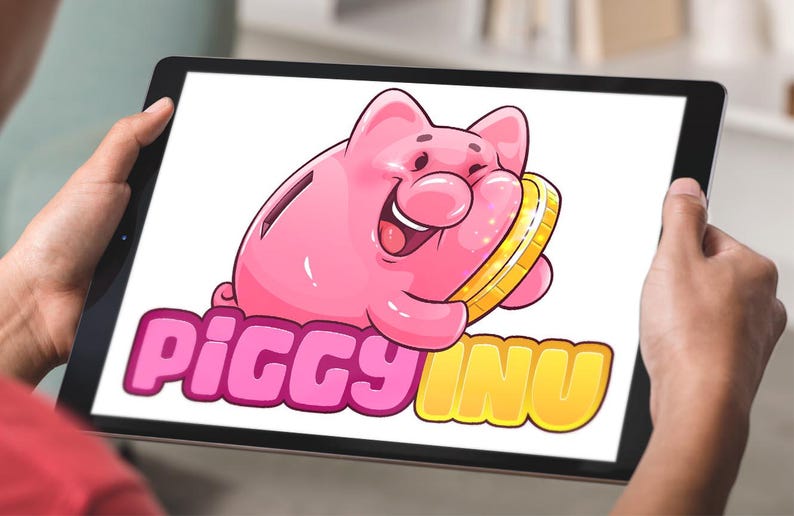 Cute cartoon piggy bank logo hugging a gold coin with the text “PIGGY INU”, playful custom logo design by Beehaya Studio.