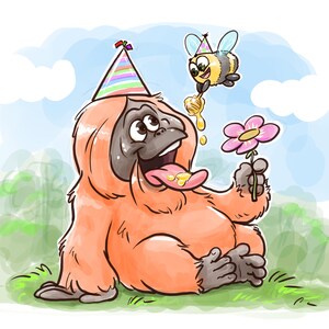 Pu&ograve; includere: Illustrazione di un cartone animato di un orango con un cappello da festa, che tiene in mano un fiore rosa e guarda in alto con la lingua di fuori. Un'ape con un cappello da festa offre miele. Lo sfondo presenta un cielo blu e erba verde.