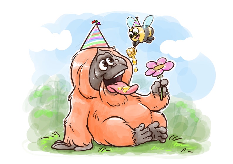 Pu&ograve; includere: Illustrazione di un cartone animato di un orango con un cappello da festa, che tiene in mano un fiore rosa e guarda in alto con la lingua di fuori. Un'ape con un cappello da festa offre miele. Lo sfondo presenta un cielo blu e erba verde.