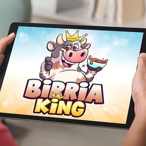 Funny cartoon cow mascot logo holding a birria taco bowl with crown, featuring the text “BIRRIA KING”, custom food logo design by Beehaya Studio.