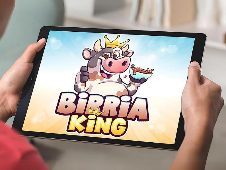 Funny cartoon cow mascot logo holding a birria taco bowl with crown, featuring the text “BIRRIA KING”, custom food logo design by Beehaya Studio.