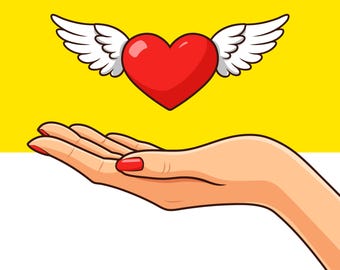 Valentine Flying Heart, Love Wings Clipart, Romantic Hand Illustration (EPS, SVG, PNG)
