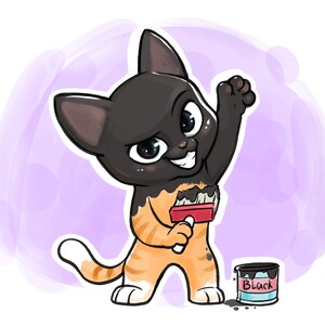 Pu&ograve; includere: Illustrazione di un cartone animato di un gatto che si dipinge di nero con un pennello. Il gatto &egrave; arancione e bianco con la testa nera e si trova di fronte a uno sfondo acquerello viola. Un barattolo di vernice nera &egrave; accanto al gatto.