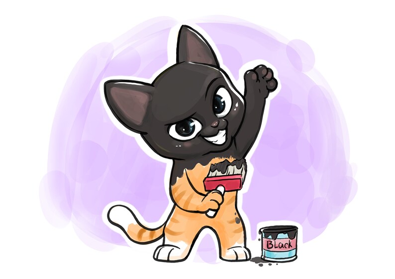 Pu&ograve; includere: Illustrazione di un cartone animato di un gatto che si dipinge di nero con un pennello. Il gatto &egrave; arancione e bianco con la testa nera e si trova di fronte a uno sfondo acquerello viola. Un barattolo di vernice nera &egrave; accanto al gatto.