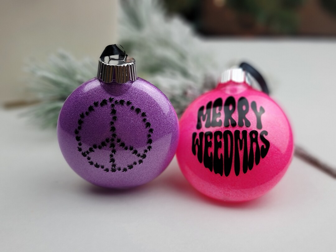 Neon Merry Weedmas and Peace Sign Ornament Set Groovy Stoner Christmas