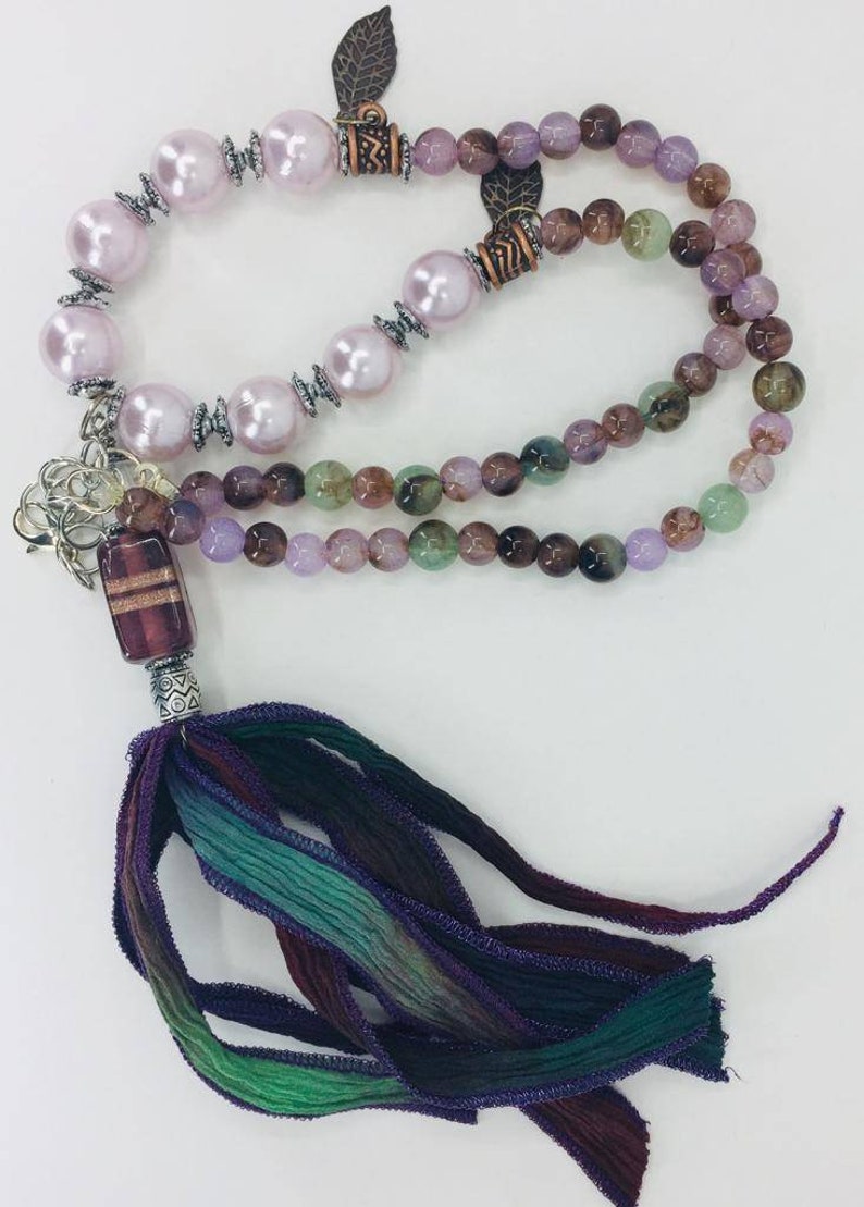 Hand-dyed silk ribbon tassel necklace with beads