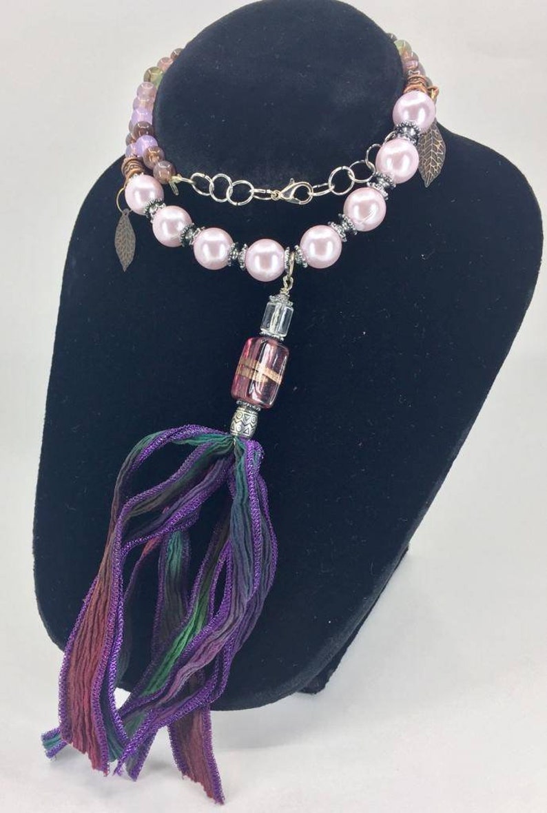 Hand-dyed silk ribbon tassel necklace with beads