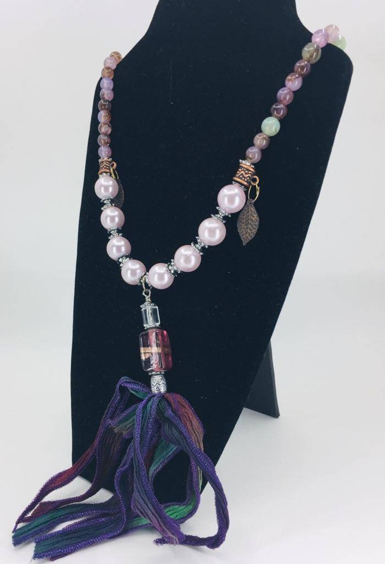 Hand-dyed silk ribbon tassel necklace with beads