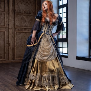 Sakizo Inspired Blue and Gold Fantasy Gown – Rococo Victorian Cosplay Dress with Corset, Crinoline & Accessories