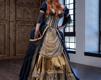 Sakizo Inspired Blue and Gold Fantasy Gown – Rococo Victorian Cosplay Dress with Corset, Crinoline & Accessories