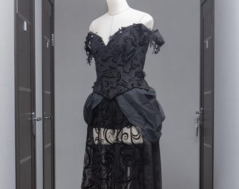 Black Corset Costume with Sheer Skirt and Shorts – Gothic Evening Outfit, Dark Fantasy Look