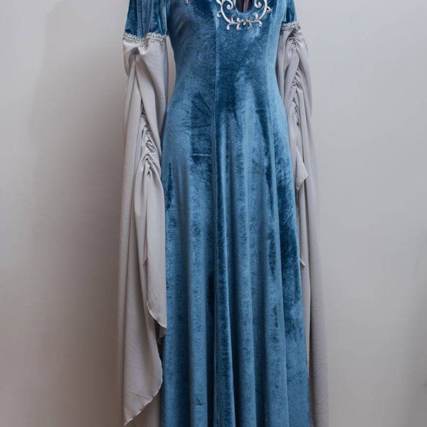 Solidarity with Ukraine. Fantasy velvet dress. Dress with sleeves. Elven dress