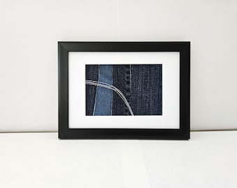 Abstract Denim Fiber Art: Contemporary Textile Collage, 5x7 Wall Decor