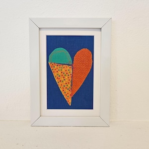 Fiber Art Heart Collage: Reclaimed Textile Wall Decor, Orange & Blue