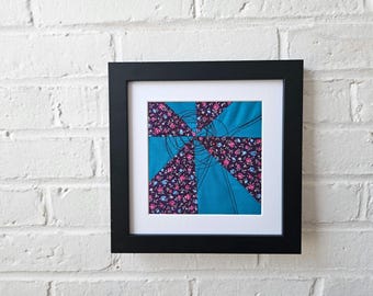 Abstract Fiber Art: Neon Blue Textile Collage - 8x8 Wall Art