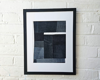 Abstract Denim Fiber Art: Contemporary Textile Collage, 11x16 Wall Hanging