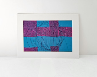 Abstract Fiber Art: Neon Purple & Blue Textile Collage