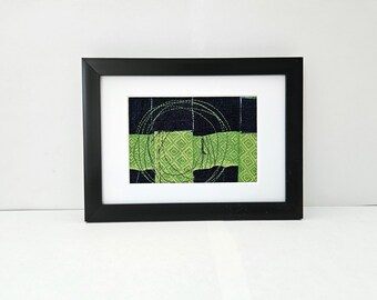 Abstract Wall Art Contemporary Textile Art Fiber Collage Green Navy 5x7