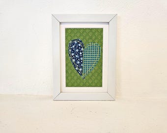 Fiber Art Heart Collage: Reclaimed Cotton Textile Wall Art, 5x7
