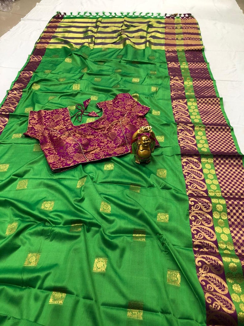 Cotton SILK Saree Bridal Gift Wedding Sari with Matching Designer Jacquard Readymade Sari Blouse